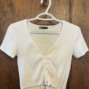Zara White V-Neck Ruched Crop Top